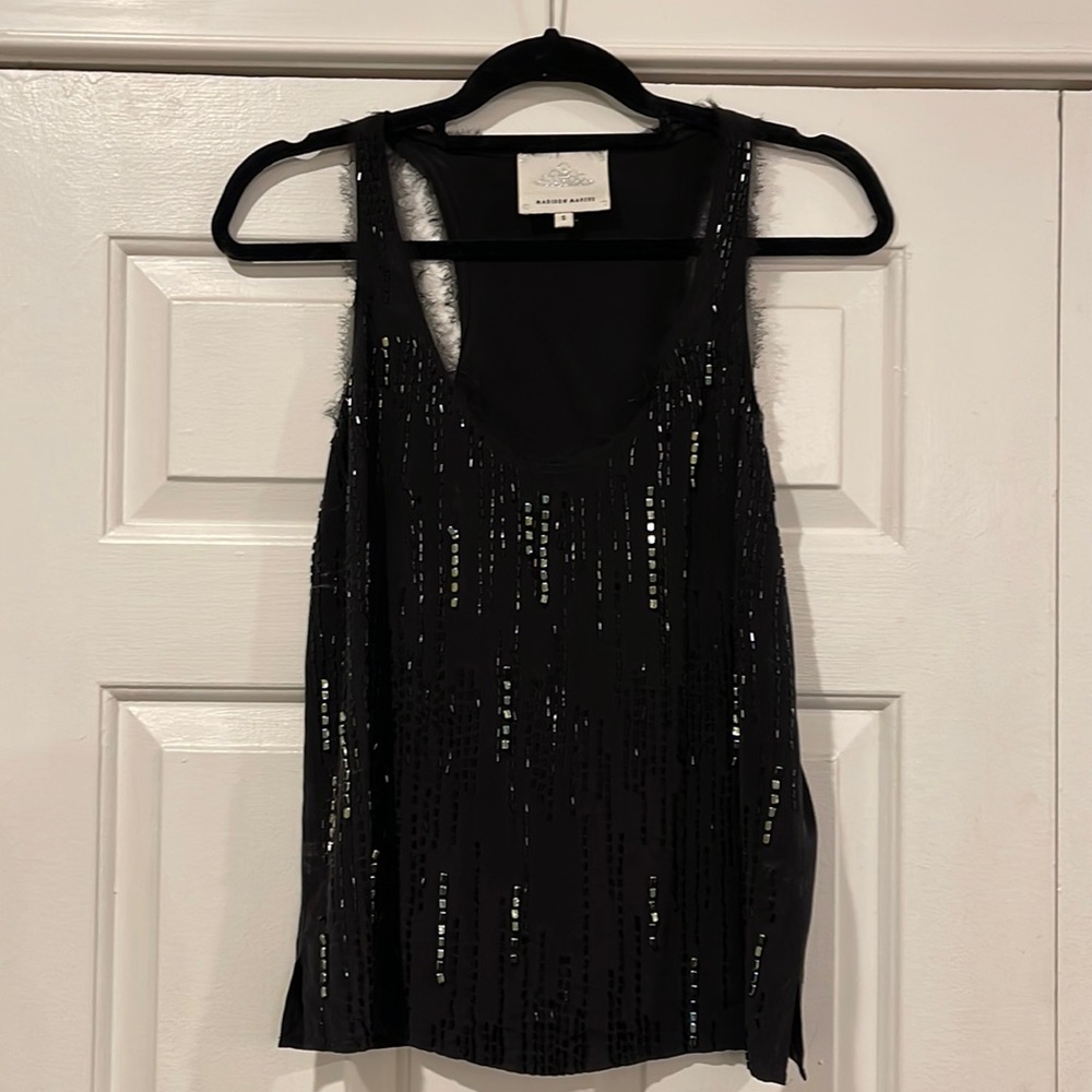 Madison Marcus beaded and fringed 100% silk tank top.